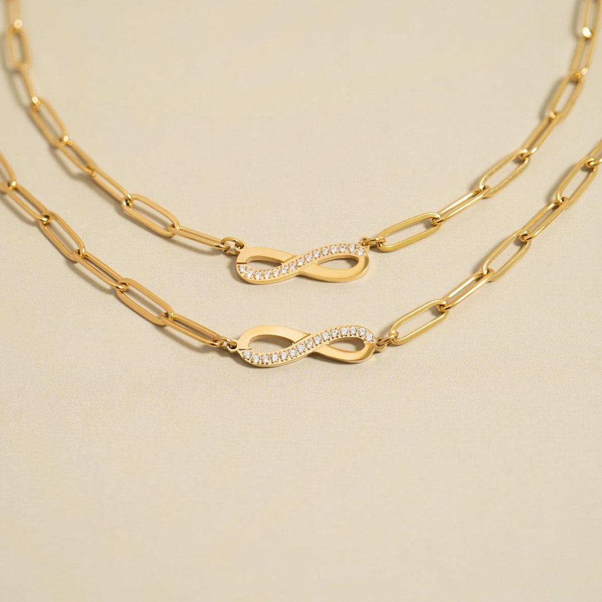 18K Gold PVD Stainless Steel Stone "Infinity" Paperclip Chain Necklace / CHN9977
