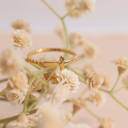 18K Gold PVD Stainless Steel Beaded Cross Stacking Ring / CSR0005