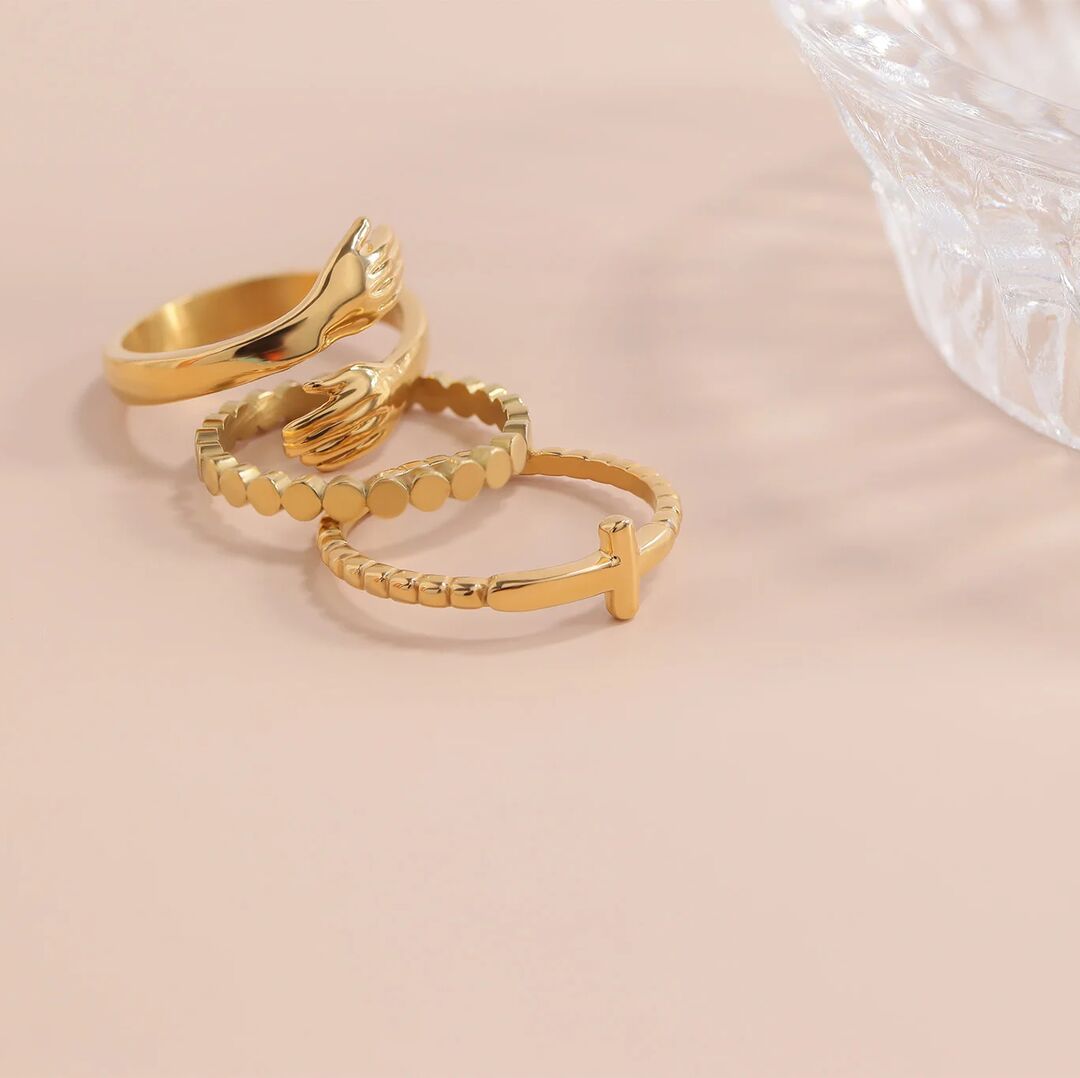 18K Gold PVD Stainless Steel Beaded Cross Stacking Ring / CSR0005