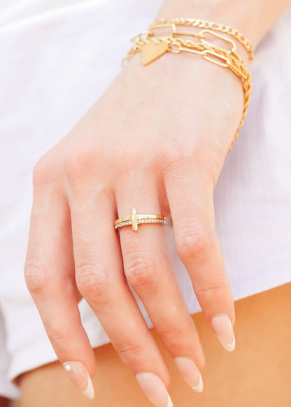 18K Gold PVD Stainless Steel Cross CZ Stone Engraved Stacking Ring / CSR0012