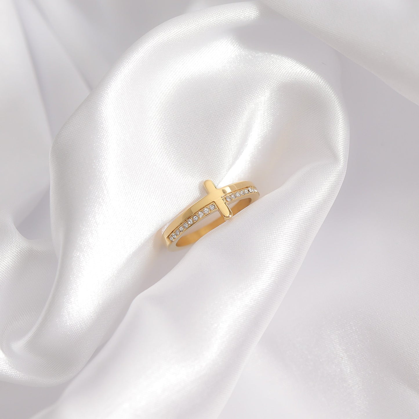 18K Gold PVD Stainless Steel Cross CZ Stone Engraved Stacking Ring / CSR0012