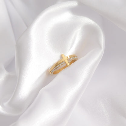 18K Gold PVD Stainless Steel Cross CZ Stone Engraved Stacking Ring / CSR0012