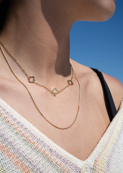 18K Gold PVD Stainless Steel Layered Clover Charm Necklace / CHN0020