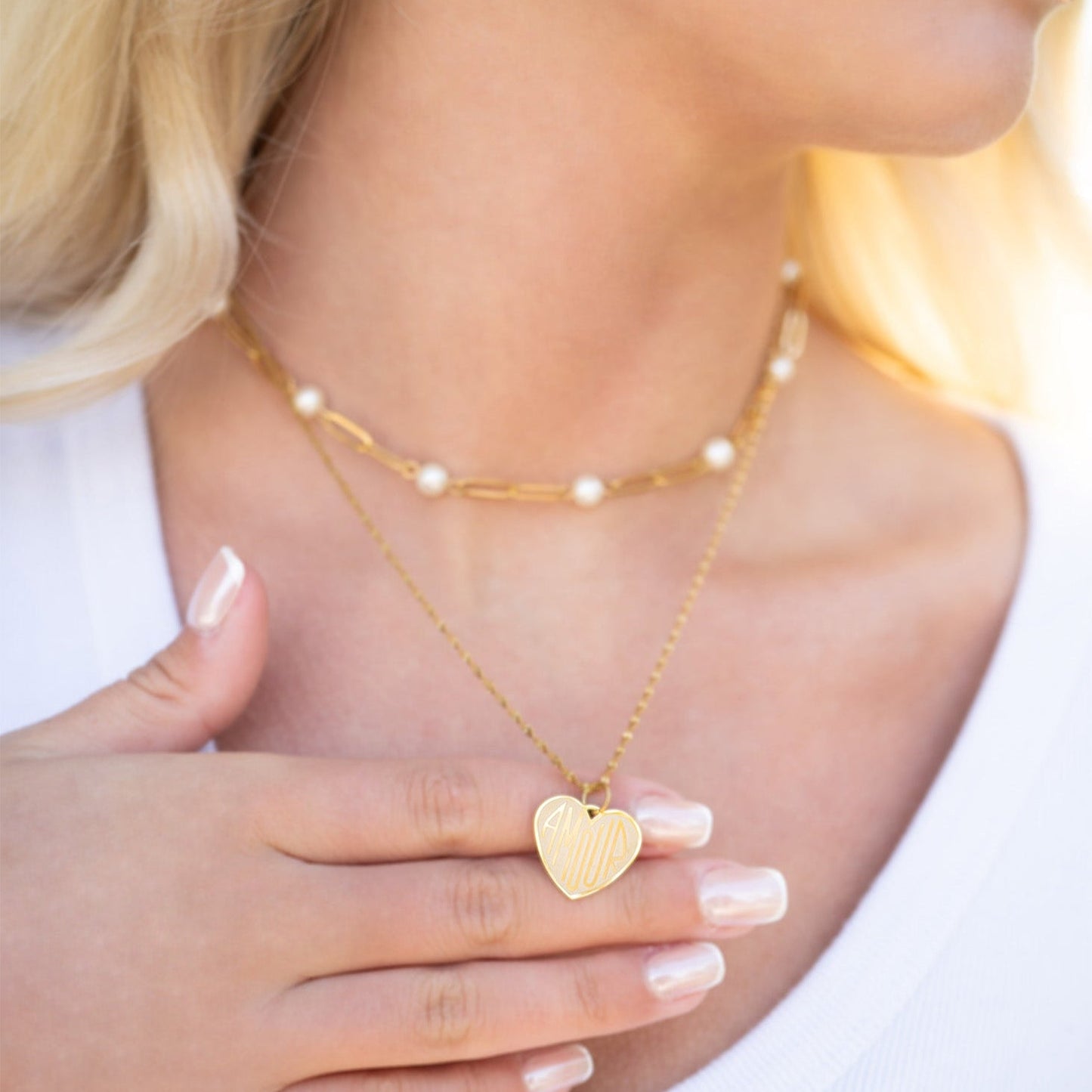 18K Gold PVD Stainless Steel Pearl Station Paperclip Chain Necklace / CHN0082