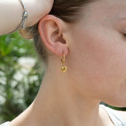 18K Gold PVD Stainless Steel Heart Pendant Hoop Earrings / ERJ0042