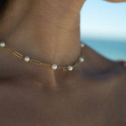 18K Gold PVD Stainless Steel Pearl Station Paperclip Chain Necklace / CHN0082