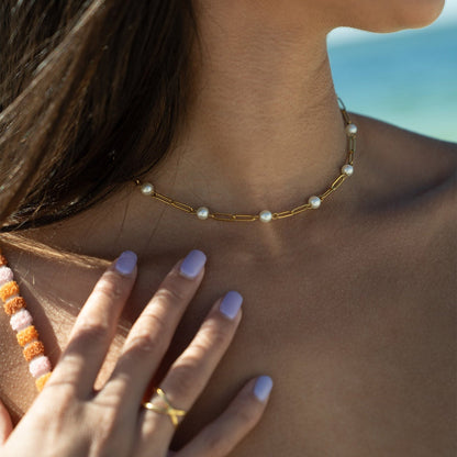 18K Gold PVD Stainless Steel Pearl Station Paperclip Chain Necklace / CHN0082