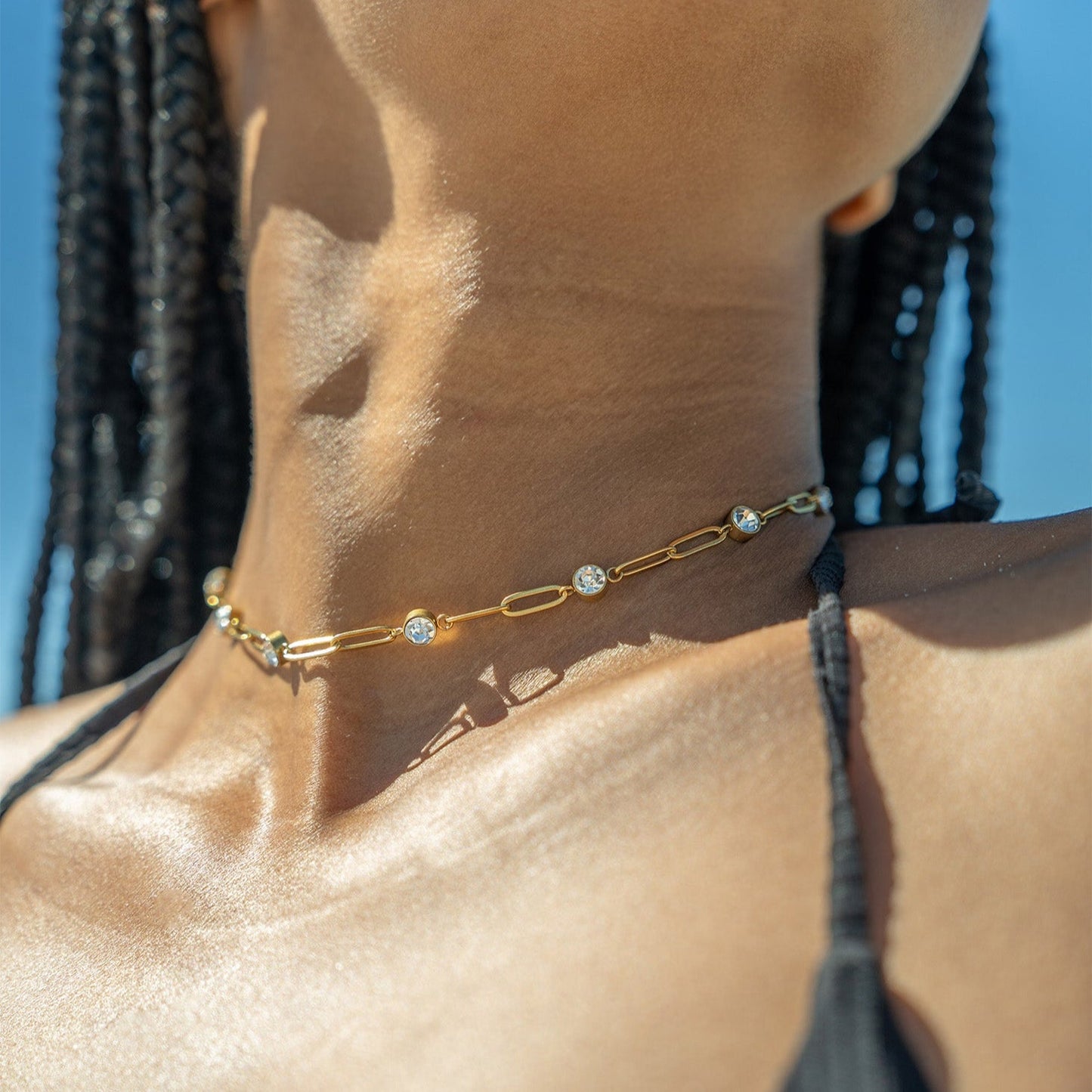 Stainless Steel Paperclip Chain and Crystal Stone Necklace / CHN0088