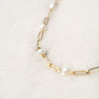 18K Gold PVD Stainless Steel Pearl Station Paperclip Chain Necklace / CHN0082