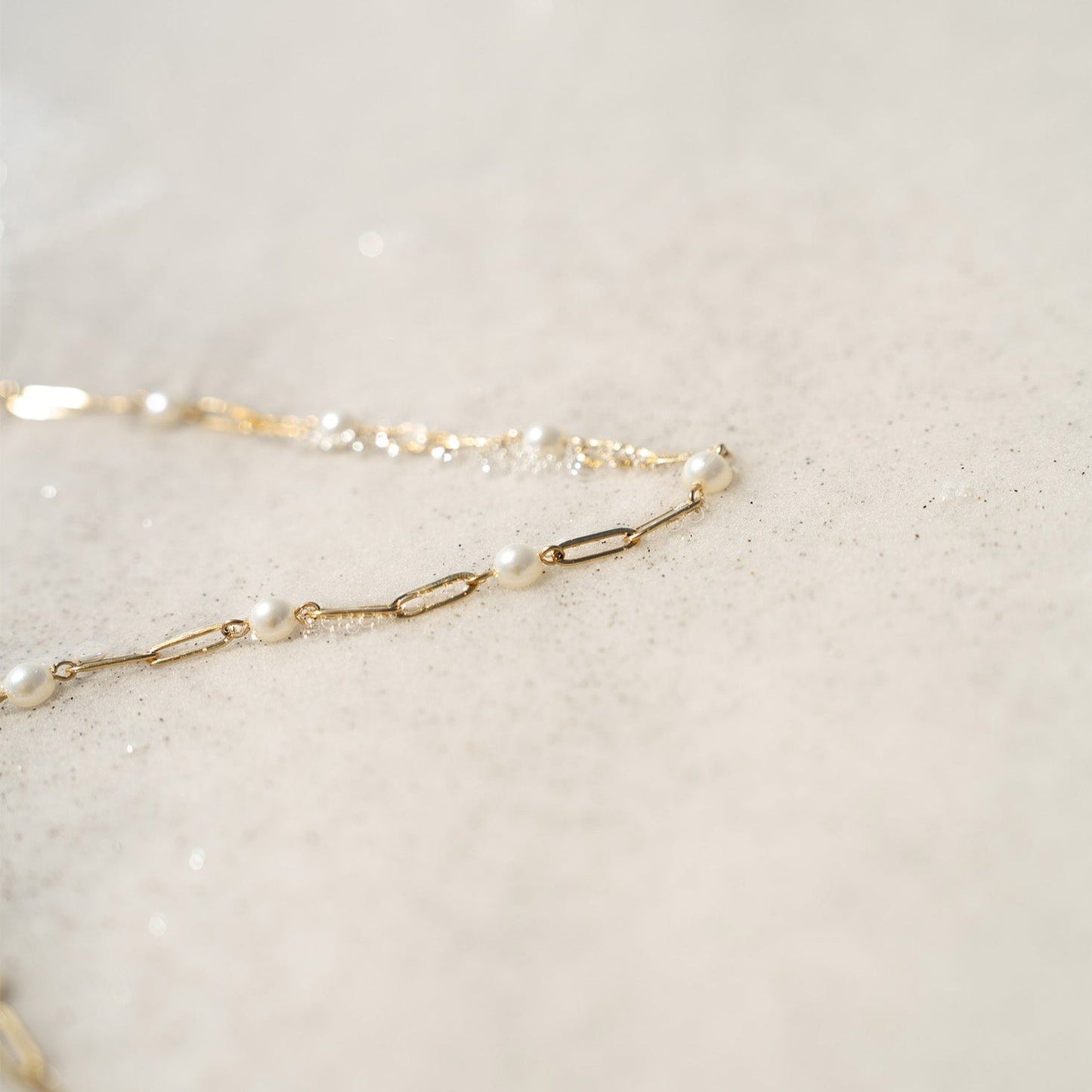 18K Gold PVD Stainless Steel Pearl Station Paperclip Chain Necklace / CHN0082