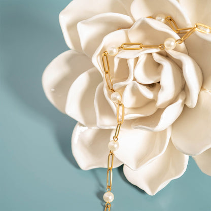 18K Gold PVD Stainless Steel Pearl Station Paperclip Chain Necklace / CHN0082