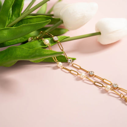 18K Gold PVD Stainless Steel Pearl Station Paperclip Chain Necklace / CHN0082