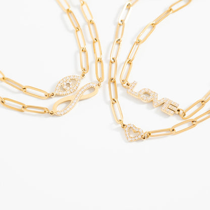 18K Gold PVD Stainless Steel Stone "Heart" Paperclip Chain Necklace / CHN9976