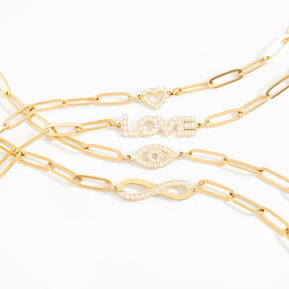 18K Gold PVD Stainless Steel CZ "Love" Paperclip Chain Bracelet / BRJ1004