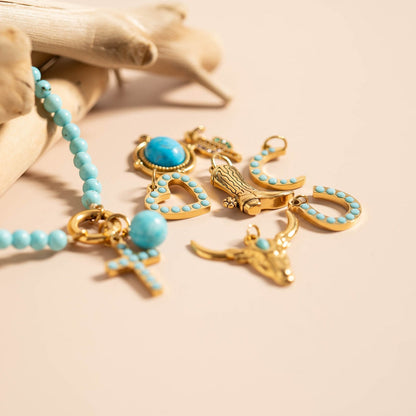 18K Gold PVD Stainless Steel Turquoise Stone Moon Charm / PDL0229