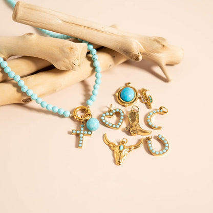 18K Gold PVD Stainless Steel Turquoise Stone Moon Charm / PDL0229