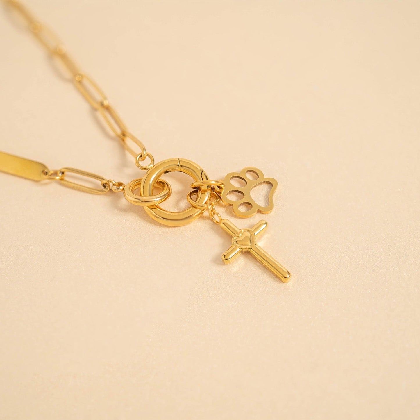 18K Gold PVD Stainless Steel Cross with Heart Charm / PDL0058