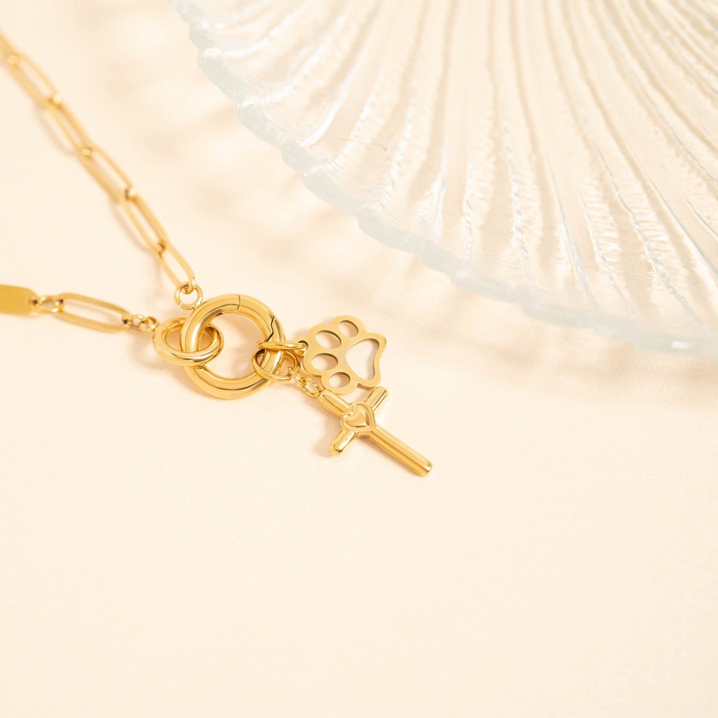 18K Gold PVD Stainless Steel Cross with Heart Charm / PDL0058