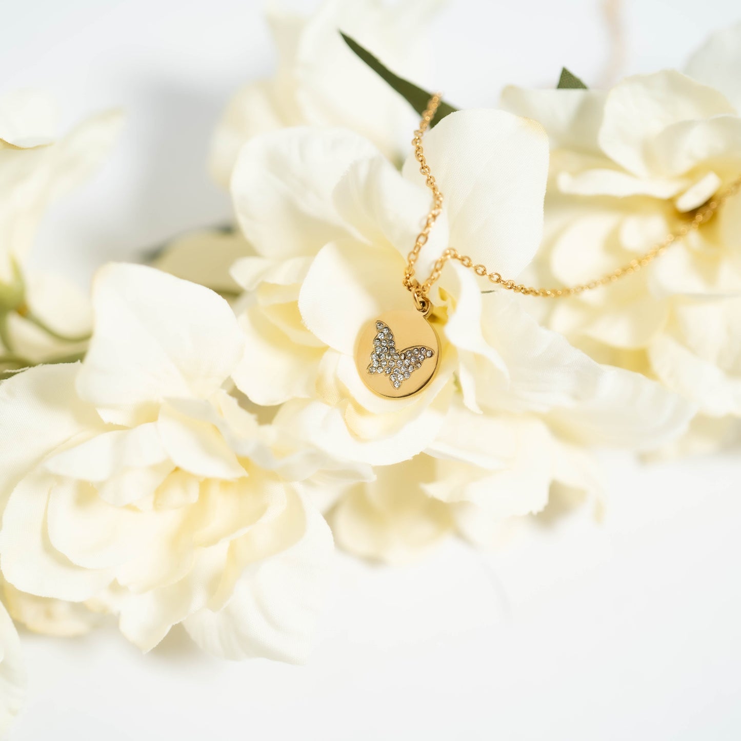 18K Gold PVD Stainless Steel Stone Butterfly Pendant Necklace / CHN0085