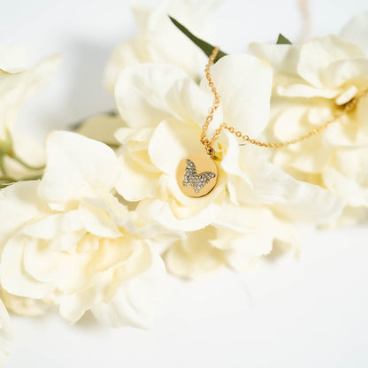 18K Gold PVD Stainless Steel Stone Butterfly Pendant Necklace / CHN0085