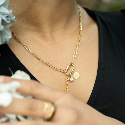 18K Gold PVD Stainless Steel Carabiner Dream Charm Paperclip Necklace / CHN0048