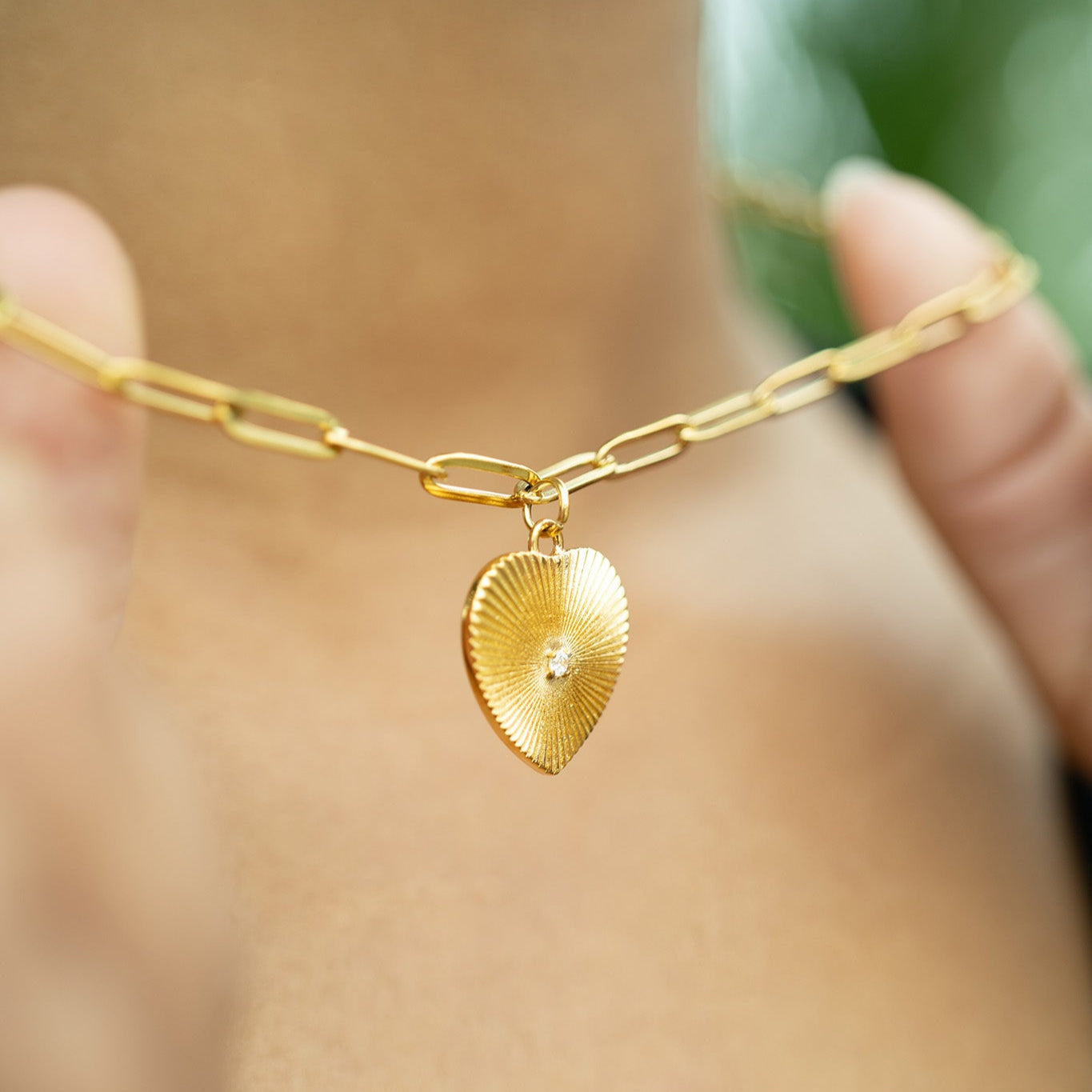 18K Gold PVD Stainless Steel Sunburst CZ Heart Paperclip Pendant Necklace / CHN9966