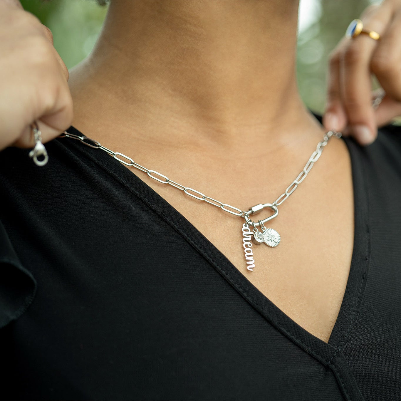 18K Gold PVD Stainless Steel Carabiner Dream Charm Paperclip Necklace / CHN0048