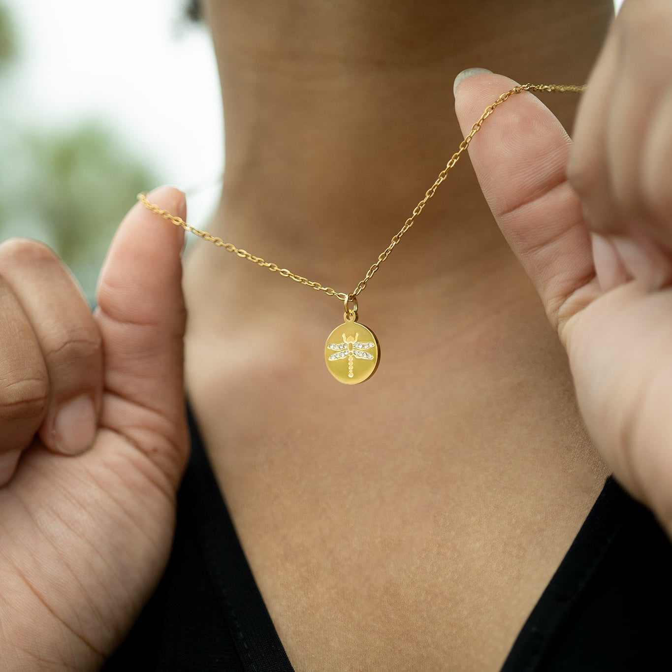 18K Gold PVD Stainless Steel Stone Dragonfly Pendant Necklace / CHN0087