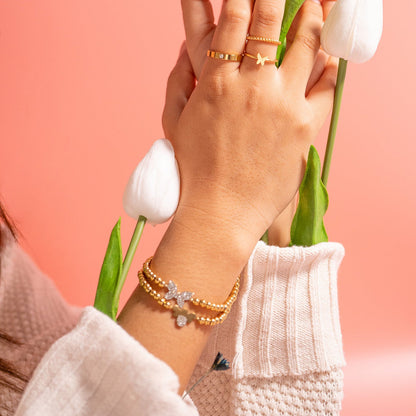 18K Gold PVD Stainless Steel Stone Butterfly Metal Beaded Stretch Bracelet / BRJ1021