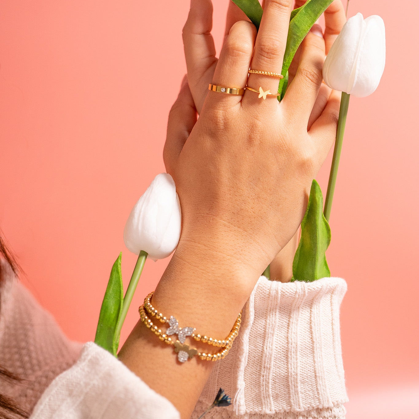 18K Gold PVD Stainless Steel Stone Bee Metal Beaded Stretch Bracelet / BRJ1022