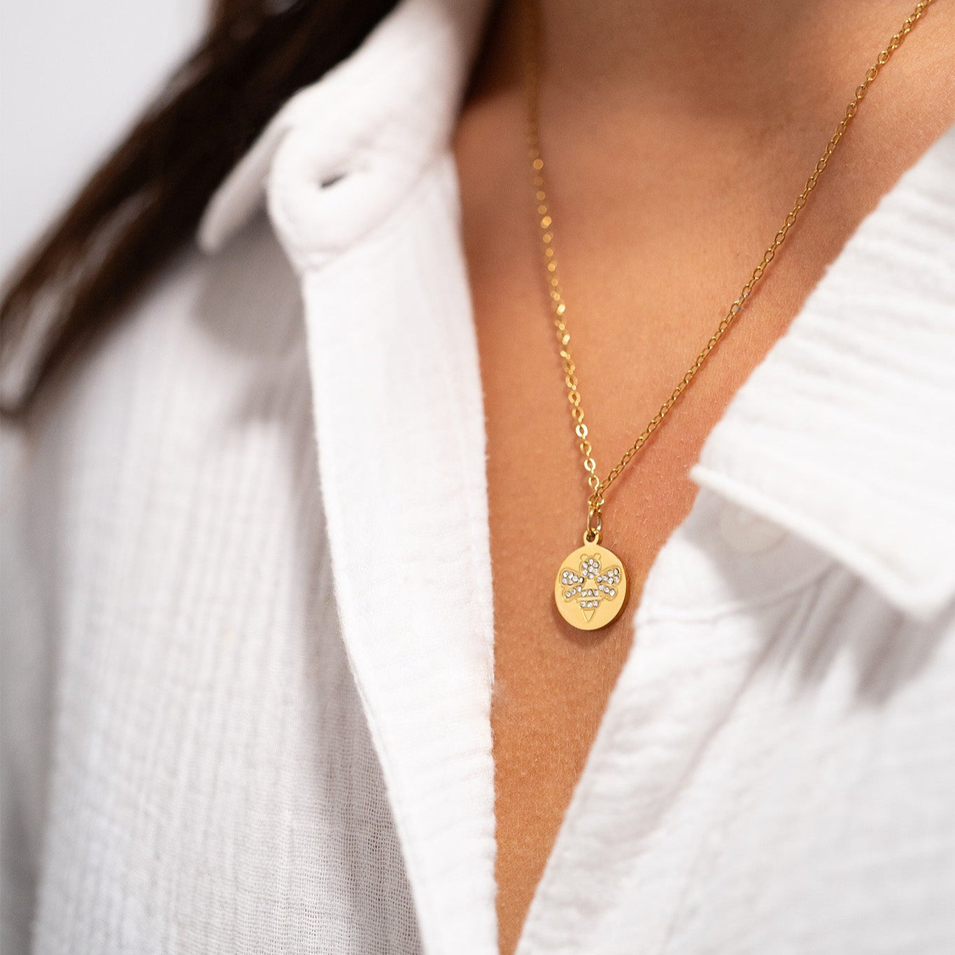 18K Gold PVD Stainless Steel Stone Bee Pendant Necklace / CHN0086