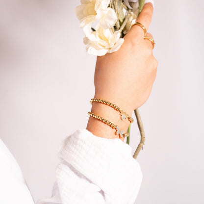 18K Gold PVD Stainless Steel Stone Bee Metal Beaded Stretch Bracelet / BRJ1022