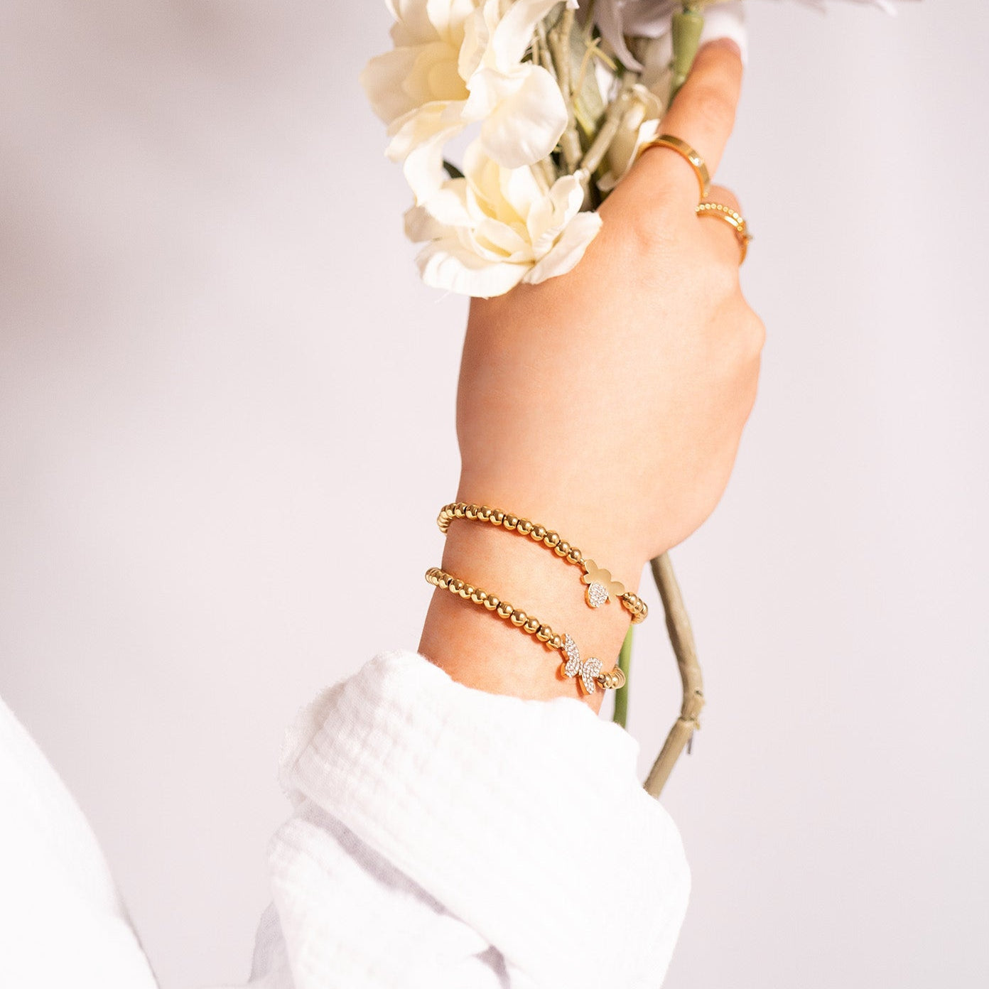 18K Gold PVD Stainless Steel Stone Butterfly Metal Beaded Stretch Bracelet / BRJ1021