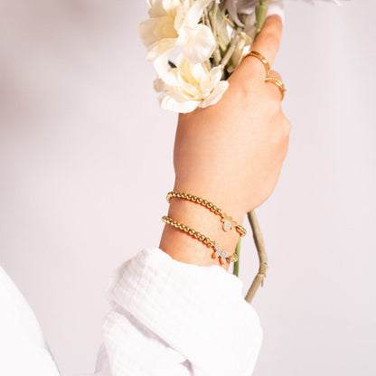 18K Gold PVD Stainless Steel Stone Butterfly Metal Beaded Stretch Bracelet / BRJ1021