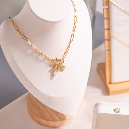 18K Gold PVD Stainless Steel Carabiner Faith Charm Paperclip Necklace / CHN0049