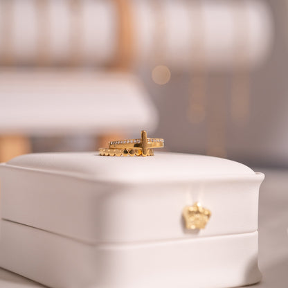 18K Gold PVD Stainless Steel Cross CZ Stone Engraved Stacking Ring / CSR0012