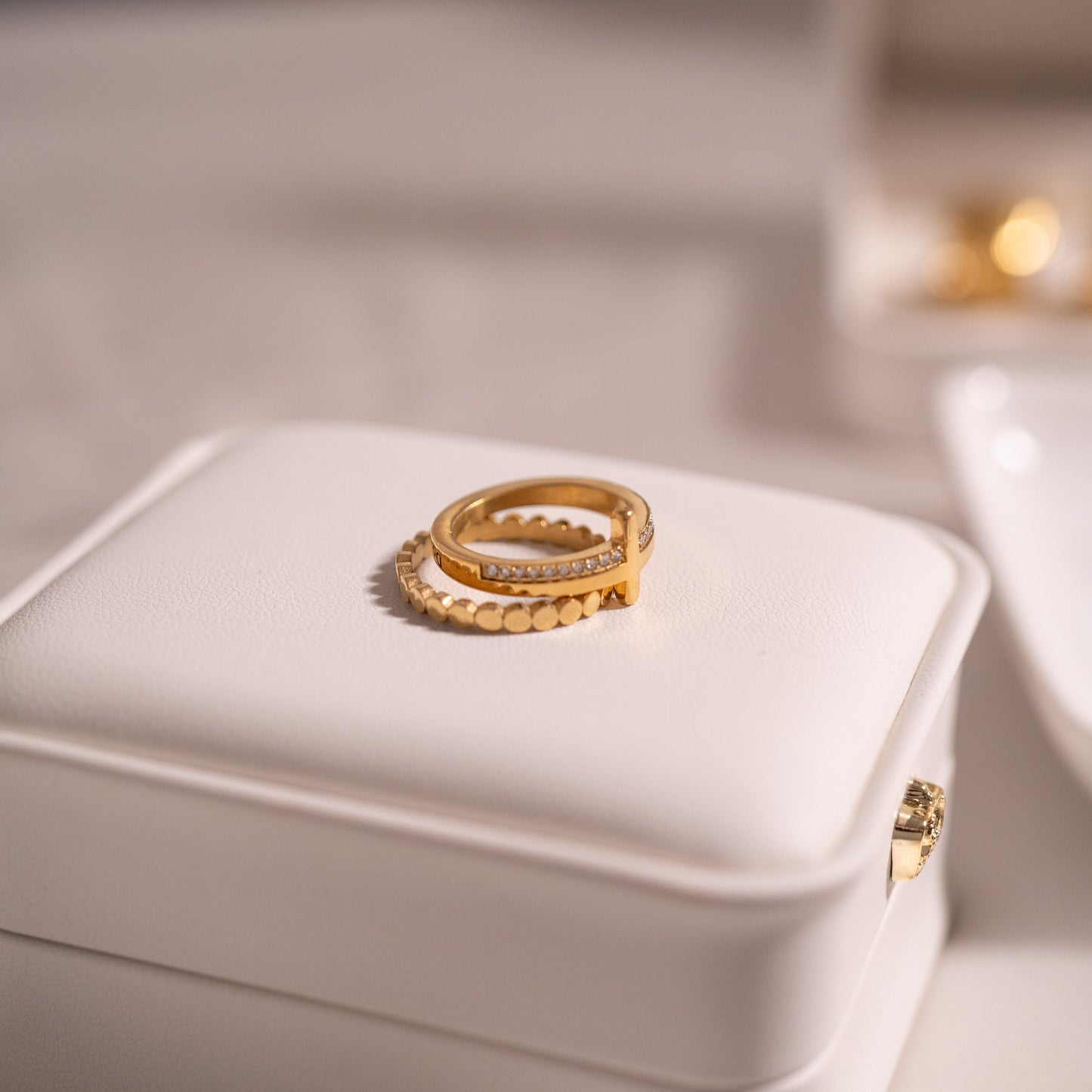 18K Gold PVD Stainless Steel Cross CZ Stone Engraved Stacking Ring / CSR0012