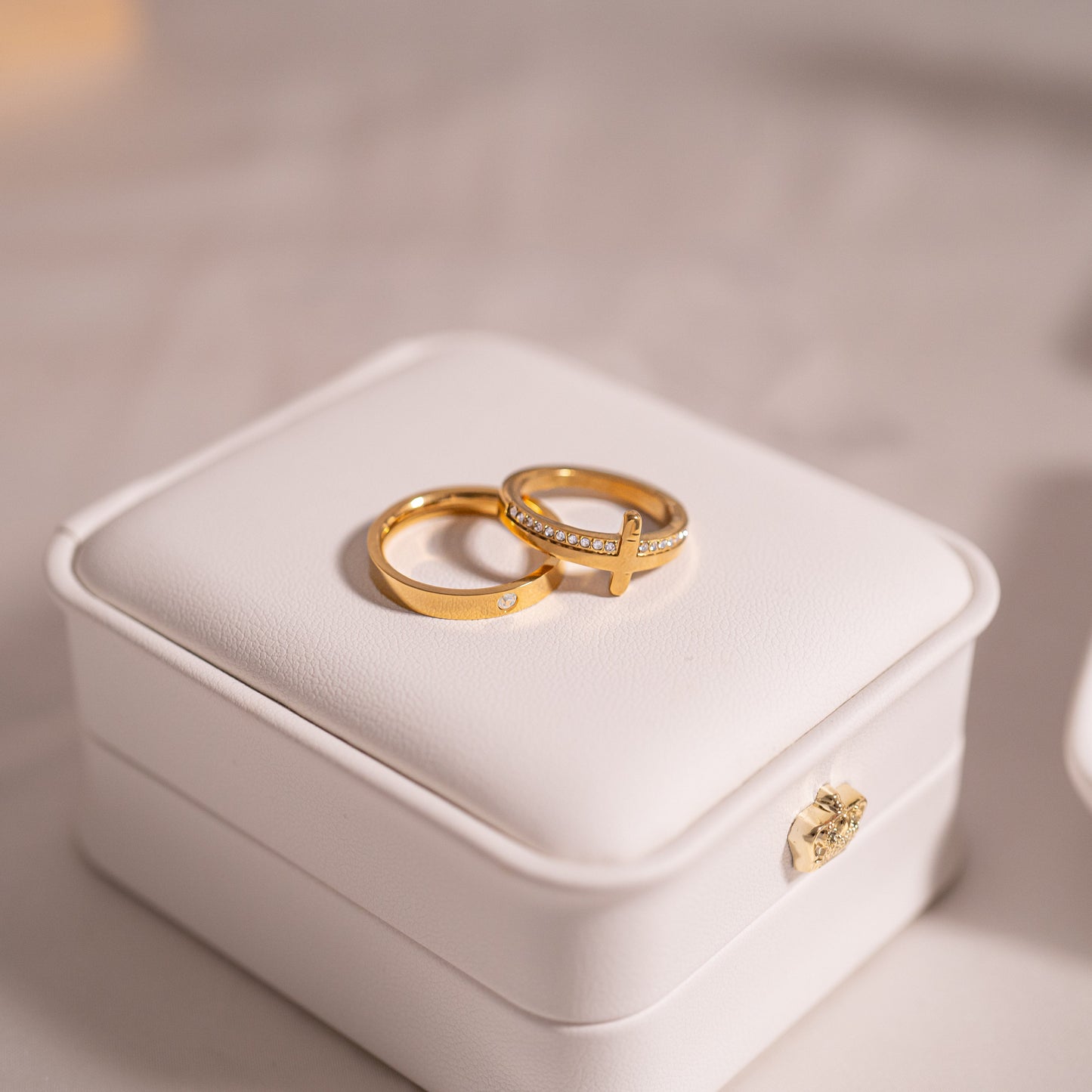 18K Gold PVD Stainless Steel Cross CZ Stone Engraved Stacking Ring / CSR0012