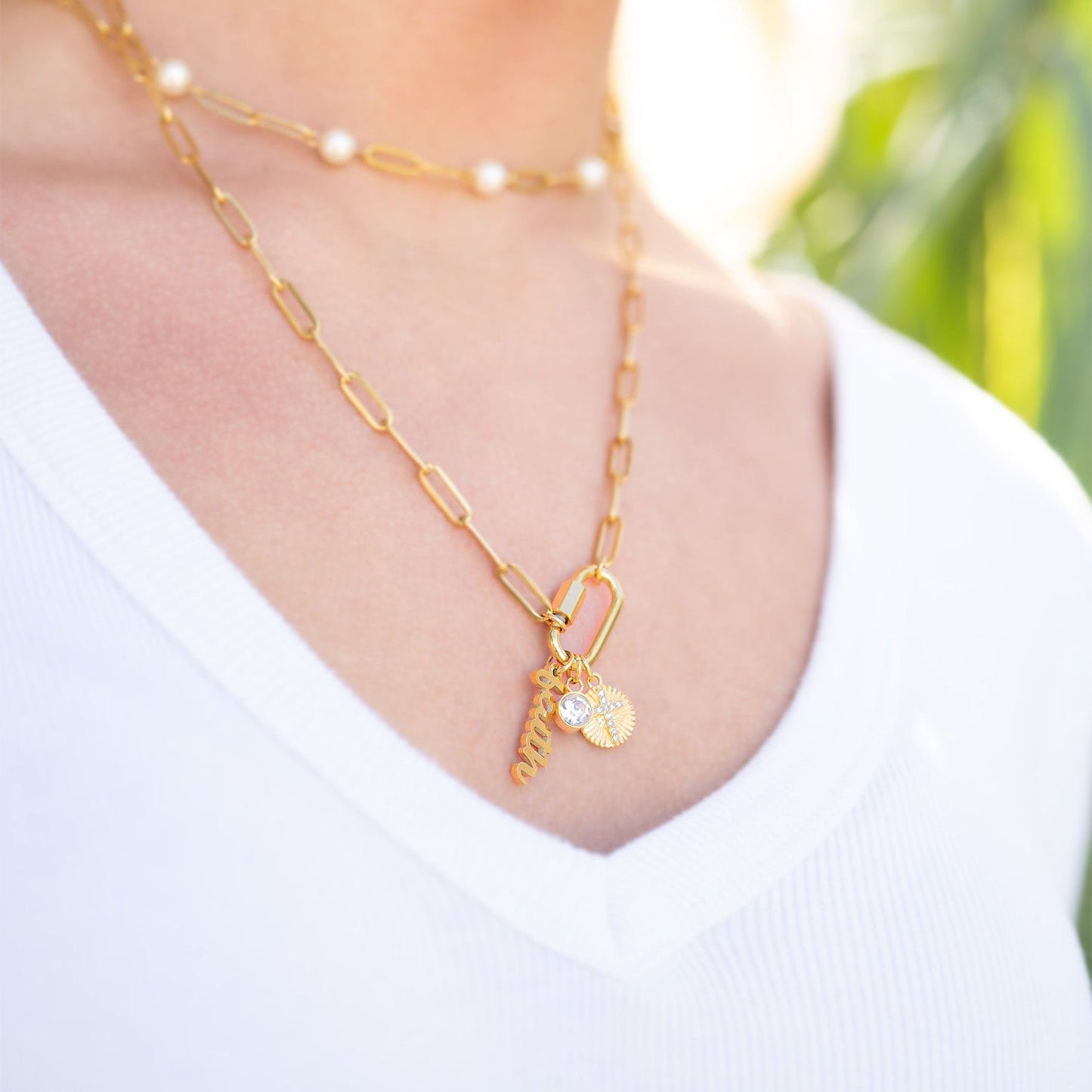 18K Gold PVD Stainless Steel Carabiner Faith Charm Paperclip Necklace / CHN0049