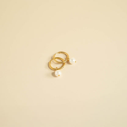 18K Gold PVD Stainless Steel Pearl Charm Huggie Hoop Earrings / ERJ0027