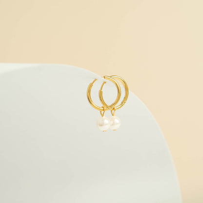 18K Gold PVD Stainless Steel Pearl Charm Huggie Hoop Earrings / ERJ0027