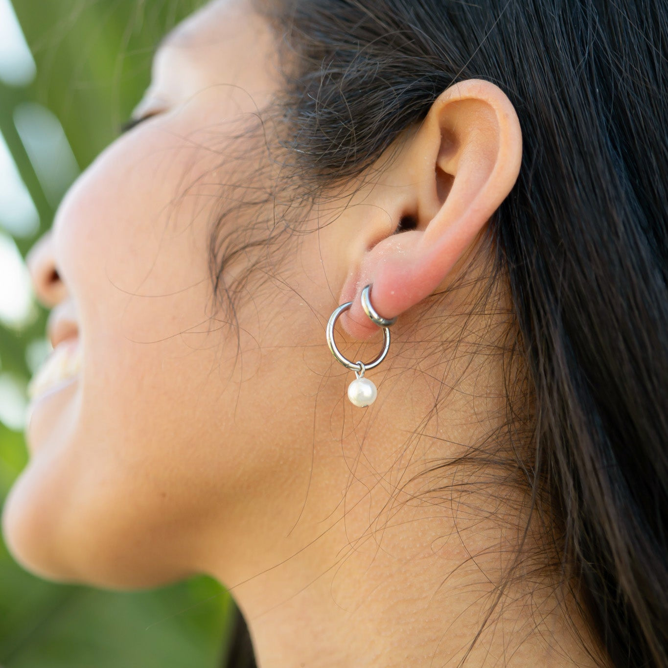 18K Gold PVD Stainless Steel Pearl Charm Huggie Hoop Earrings / ERJ0027