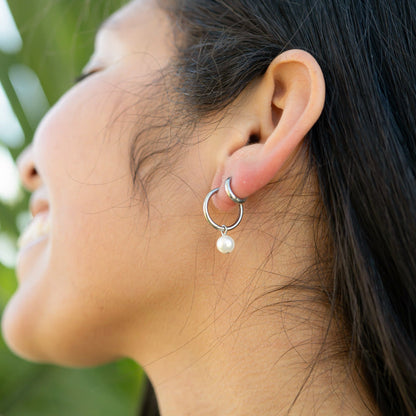 18K Gold PVD Stainless Steel Pearl Charm Huggie Hoop Earrings / ERJ0027