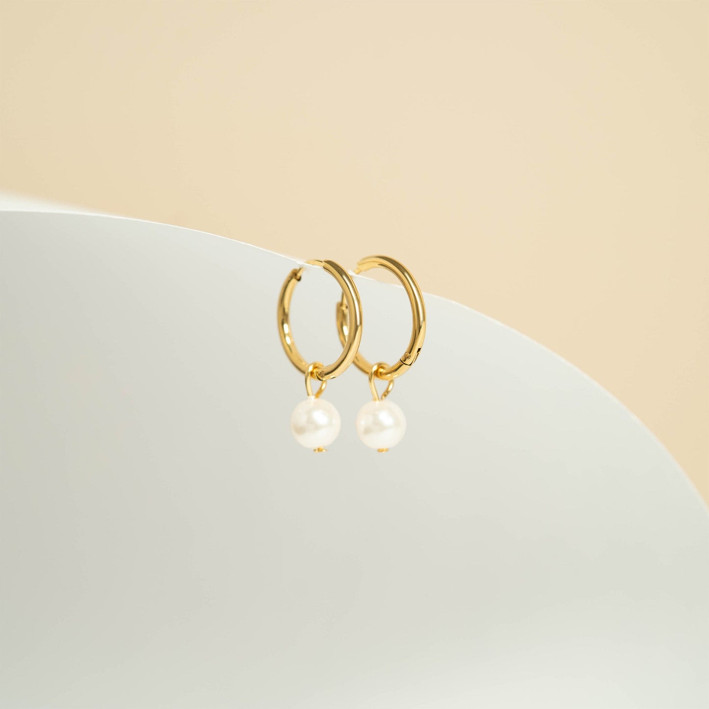 18K Gold PVD Stainless Steel Pearl Charm Huggie Hoop Earrings / ERJ0027