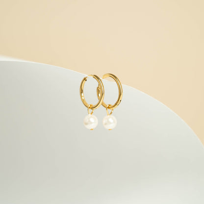 18K Gold PVD Stainless Steel Pearl Charm Huggie Hoop Earrings / ERJ0027