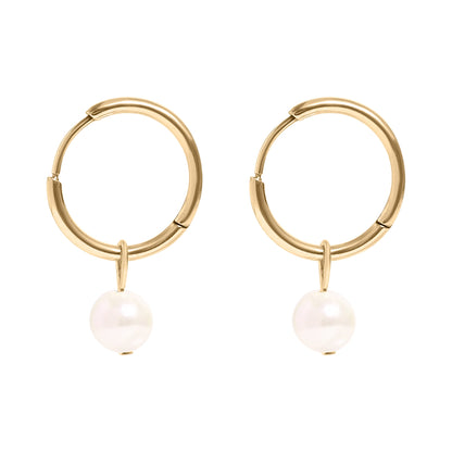18K Gold PVD Stainless Steel Pearl Charm Huggie Hoop Earrings / ERJ0027
