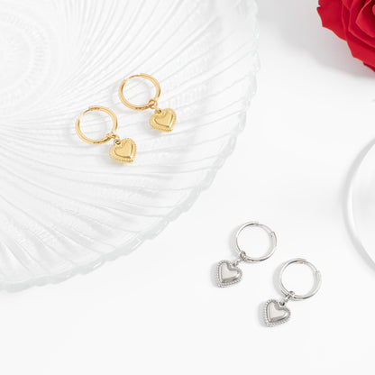 18K Gold PVD Stainless Steel Heart Pendant Hoop Earrings / ERJ0042