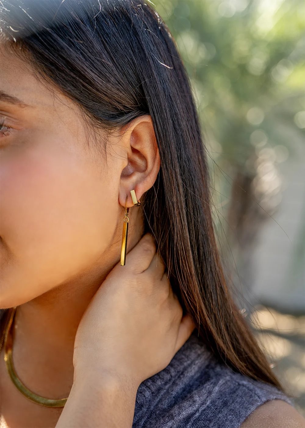 18K Gold PVD Stainless Steel Dangle Vertical Drop Bar Earrings / ERJ0061