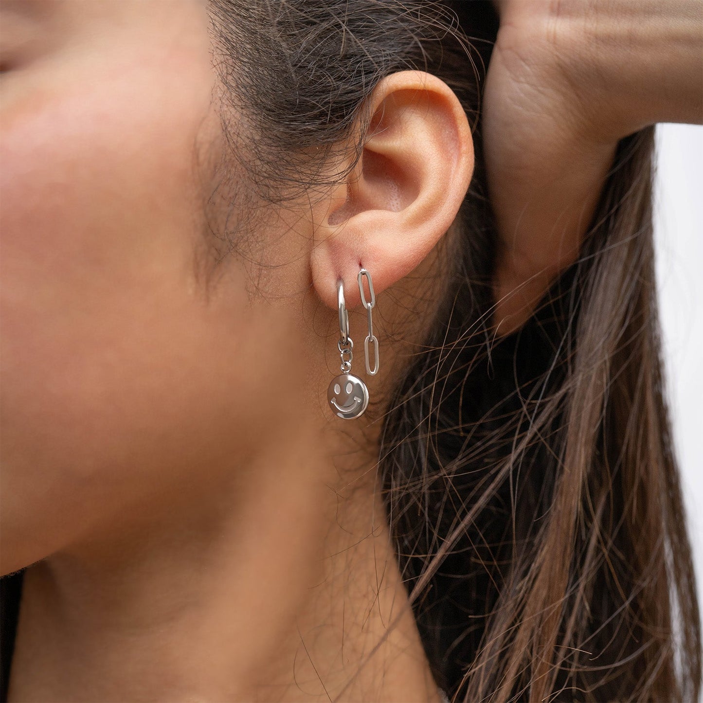 18K  Gold Stainless Steel Smiley Face Huggie Earrings / ERJ0071