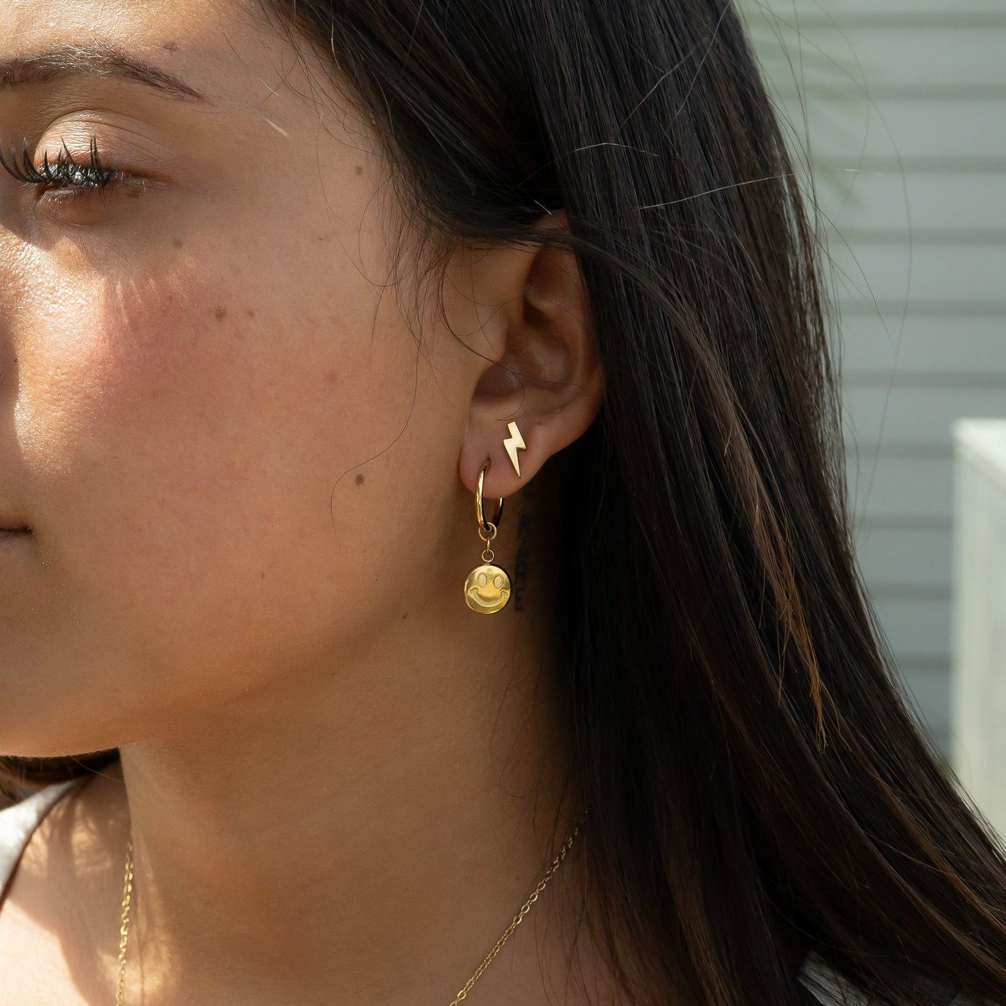 18K  Gold Stainless Steel Smiley Face Huggie Earrings / ERJ0071